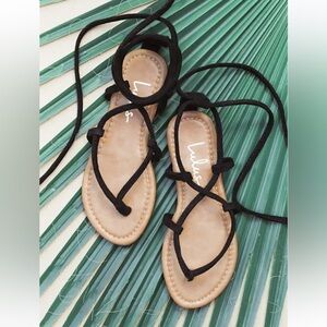 Emilia Black Suede Lace-Up Flat Sandals -10- NWOT